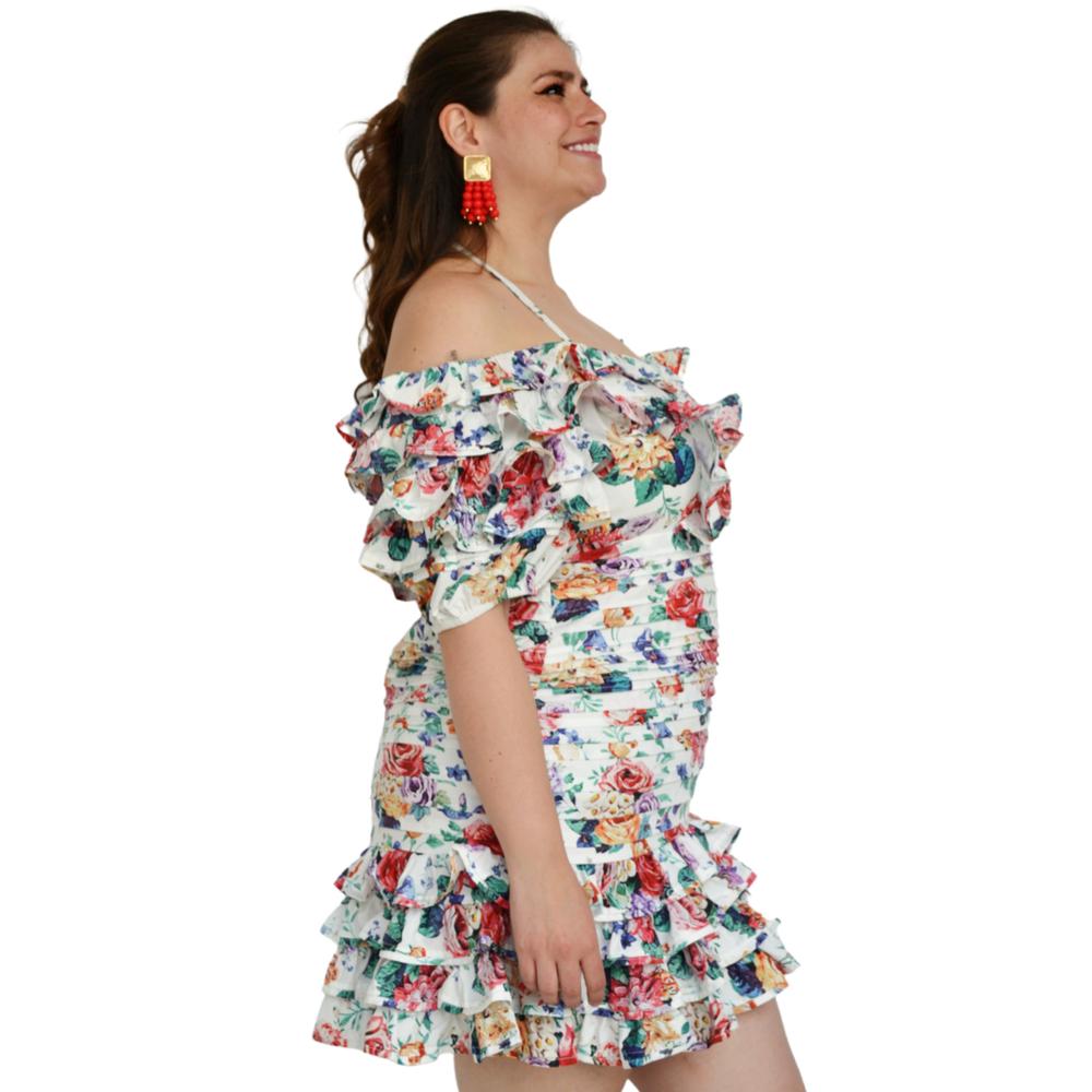 Foto 3 pulgar | Vestido con Olanes L'ATISTE V-LAT-418-BLANCO Multicolor Floreado