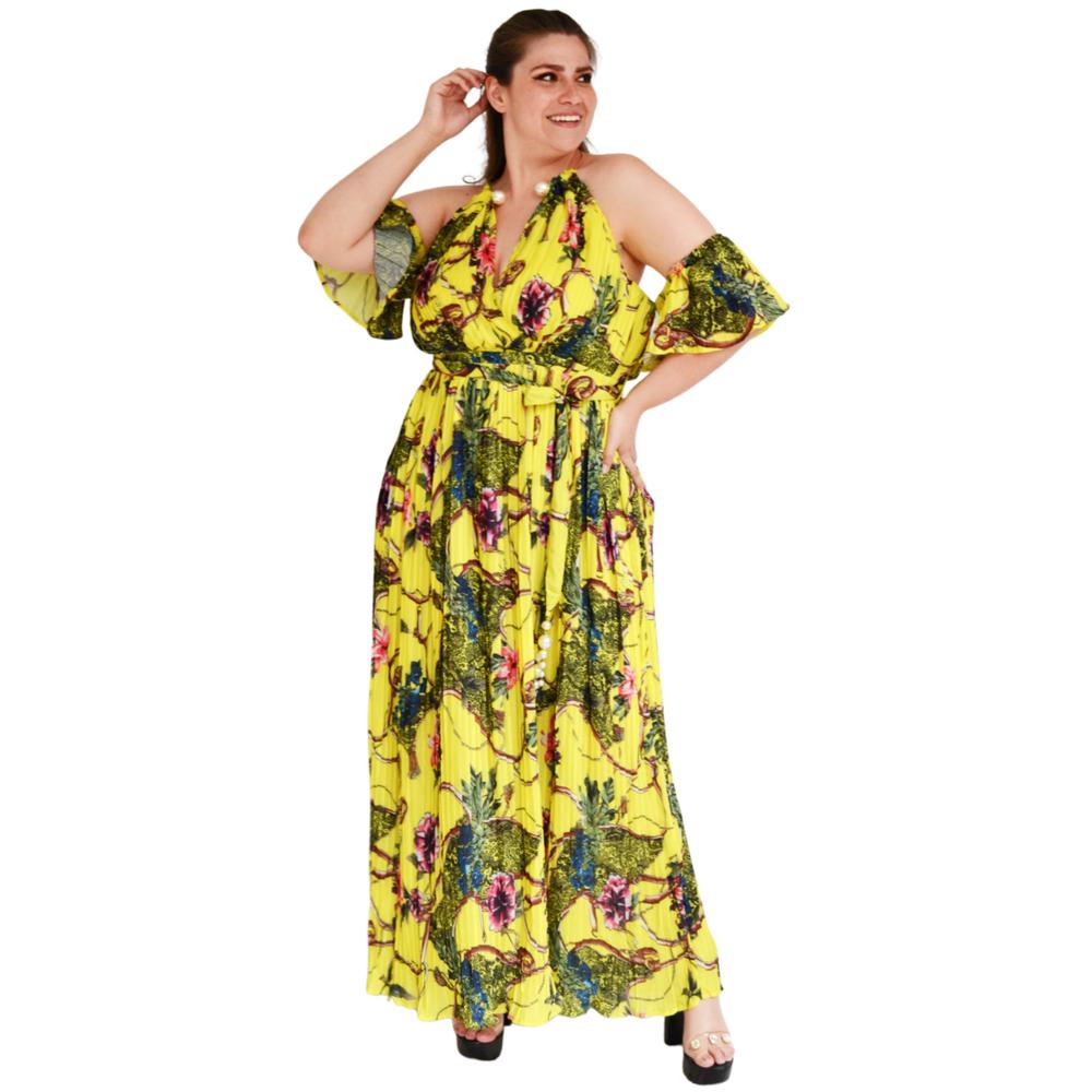 Foto 2 pulgar | Vestido Plisado con Gargantilla Roman Fashion Tallas Extras 51480 color Amarillo