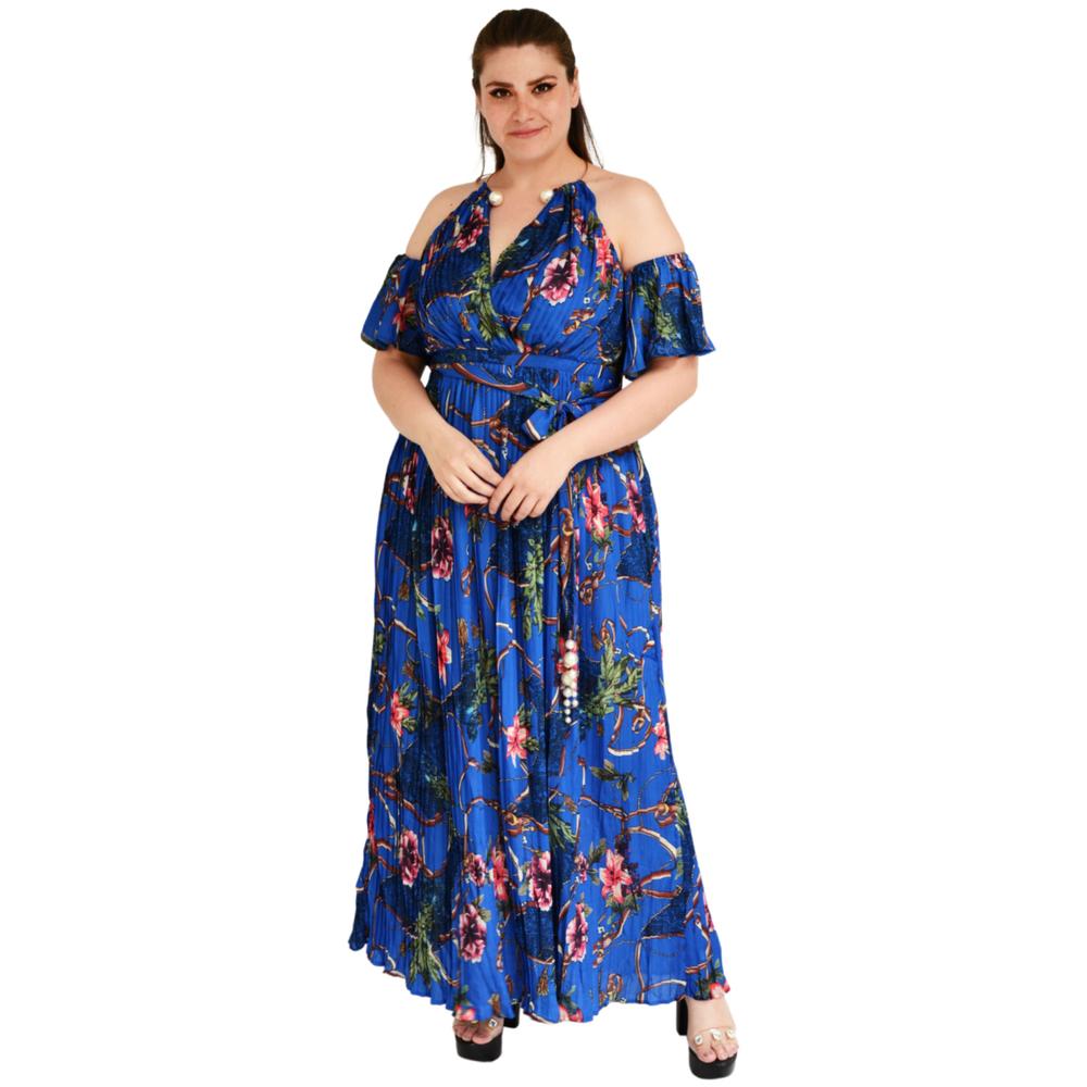 Foto 2 pulgar | Vestido Plisado con Gargantilla Roman Fashion Tallas Extras 51480 color Azul