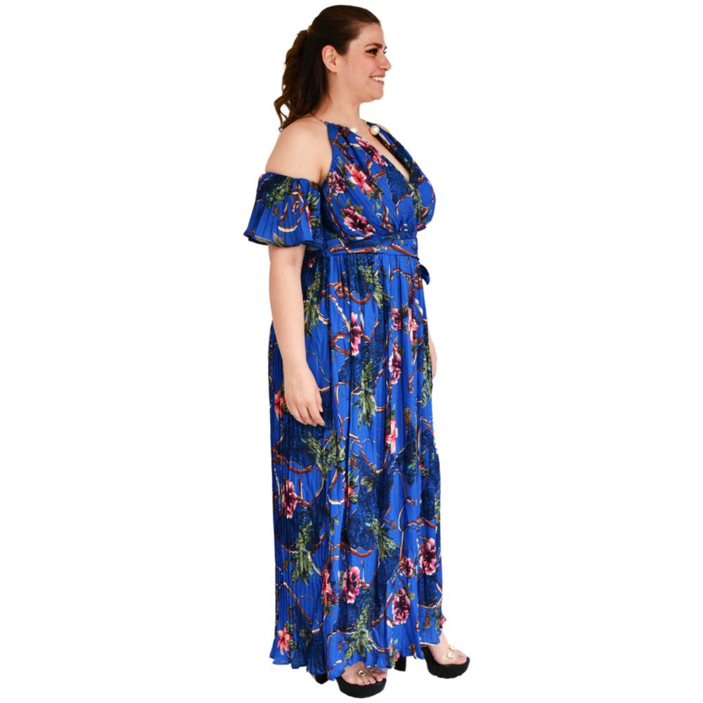 Foto 3 pulgar | Vestido Plisado con Gargantilla Roman Fashion Tallas Extras 51480 color Azul