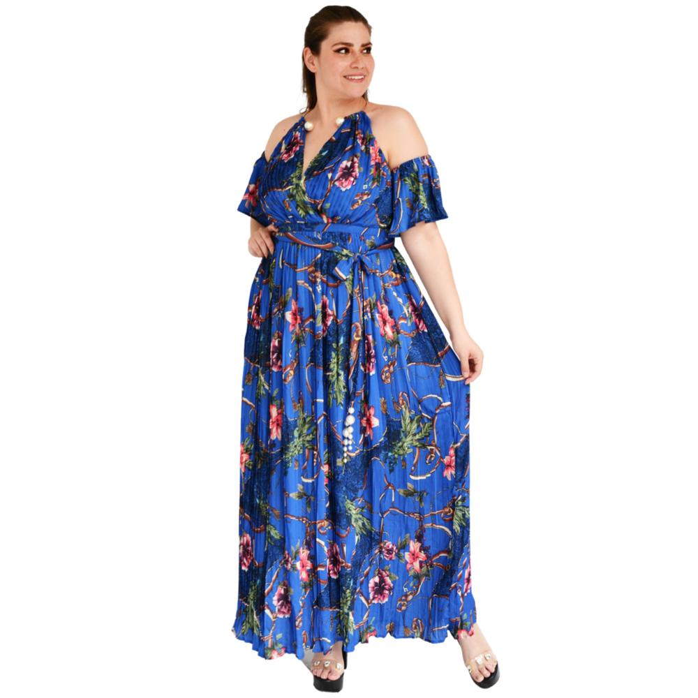 Foto 6 pulgar | Vestido Plisado con Gargantilla Roman Fashion Tallas Extras 51480 color Azul