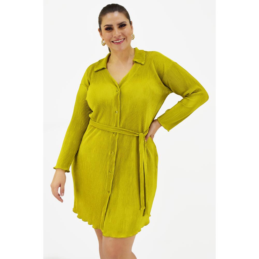 Foto 2 pulgar | Vestido de Satín Plisado Roman Fashion Tallas Extras Verde Lima para Mujer