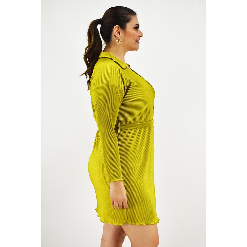 Foto 3 pulgar | Vestido de Satín Plisado Roman Fashion Tallas Extras Verde Lima para Mujer