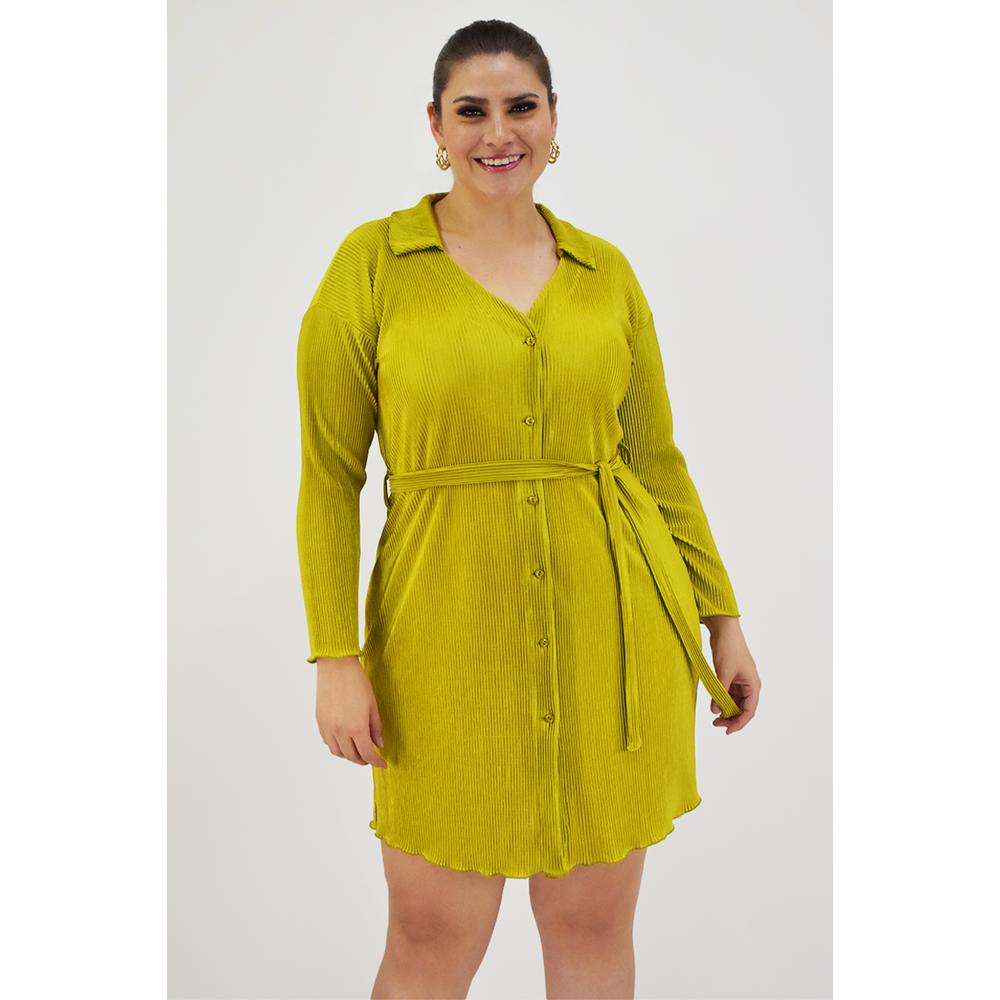 Foto 6 pulgar | Vestido de Satín Plisado Roman Fashion Tallas Extras Verde Lima para Mujer