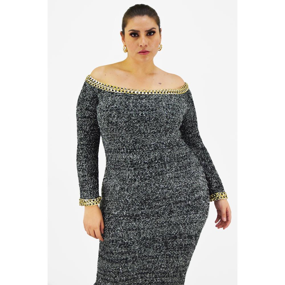 Foto 7 pulgar | Vestido con Detalle de Cadena Roman Fashion Tallas Extras 51731 Gris