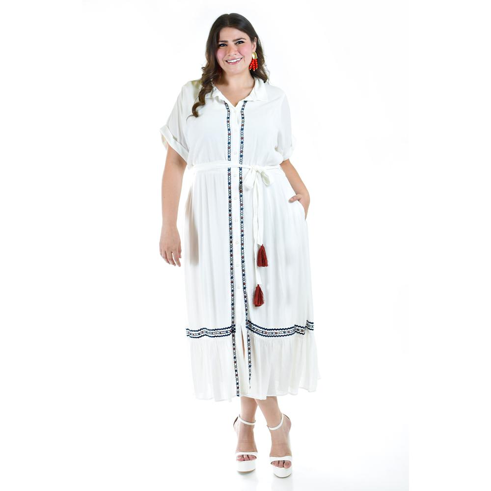 Foto 2 pulgar | Vestido Camisero con Cinto Roman Fashion Talla Extras Blanco para Mujer