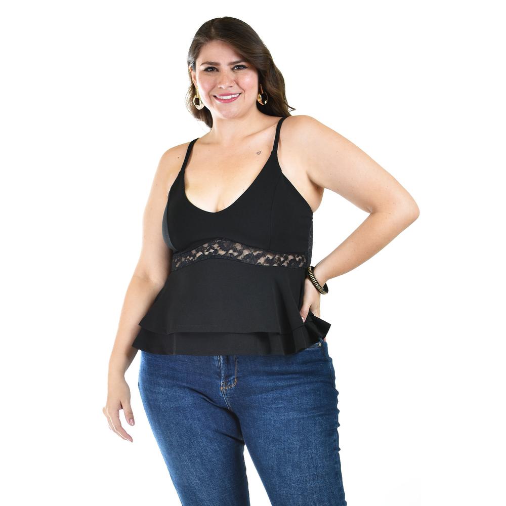 Foto 2 pulgar | Blusa Puplum Con Encanje Roman Fashion Negra Tallas Extras
