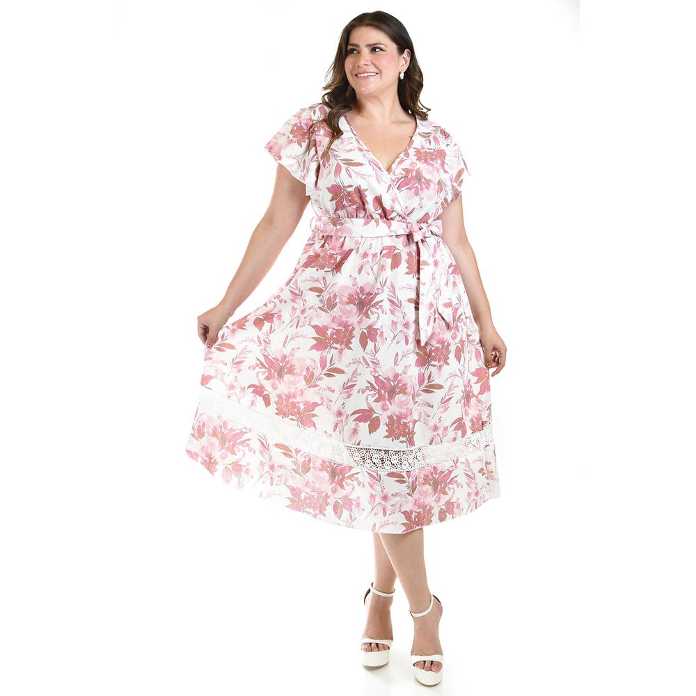Foto 2 pulgar | Vestido De Lino Con Encanje Roman Fashion /tallas Extras, 004 (rosa Flor) Rosa
