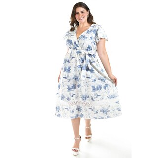 Foto 5 | Vestido De Lino Con Encaje Roman Fashion /tallas Extras, 004 (azul Flor) Azul