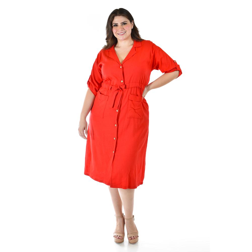 Foto 2 pulgar | Vestido Camisero De Lino Roman Fashion /tallas Extras, 2391 (rojo) Rojo