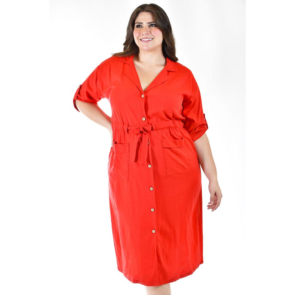 Foto 5 pulgar | Vestido Camisero De Lino Roman Fashion /tallas Extras, 2391 (rojo) Rojo