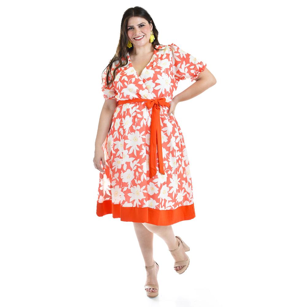 Foto 2 pulgar | Vestido De Flores Escote Cruzado Roman Fashion /tallas Extras, 1432, (naranja) Naranja