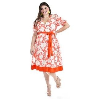 Foto 1 | Vestido De Flores Escote Cruzado Roman Fashion /tallas Extras, 1432, (naranja) Naranja