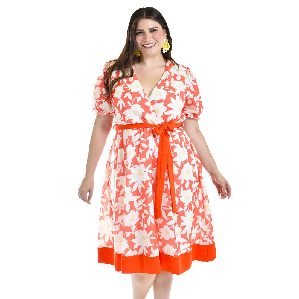 Foto 5 pulgar | Vestido De Flores Escote Cruzado Roman Fashion /tallas Extras, 1432, (naranja) Naranja