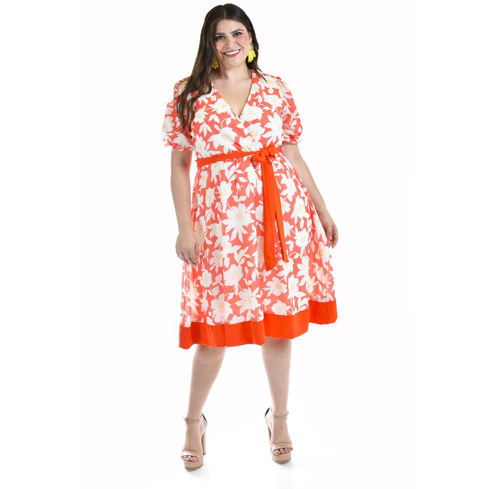 Foto 6 pulgar | Vestido De Flores Escote Cruzado Roman Fashion /tallas Extras, 1432, (naranja) Naranja