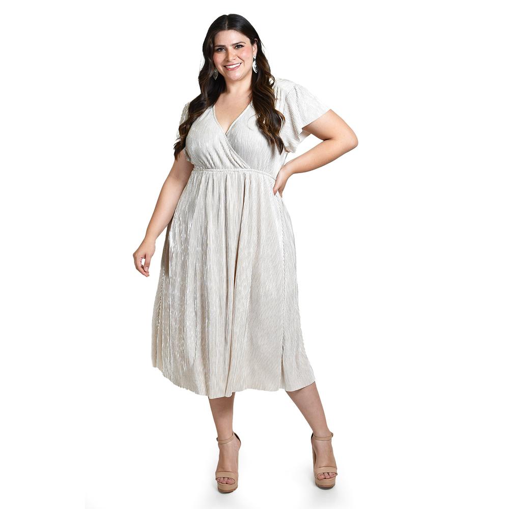 Vestido Plisado Con Brillo Roman Fashion /tallas Extras, 5412 (hueso) Beige