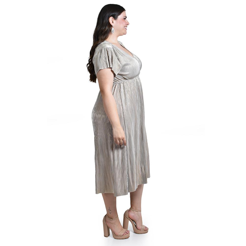 Foto 3 pulgar | Vestido Plisado Con Brillo Roman Fashion /tallas Extras, 5412 (beige) Beige