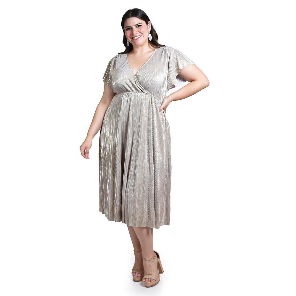 Foto 6 pulgar | Vestido Plisado Con Brillo Roman Fashion /tallas Extras, 5412 (beige) Beige
