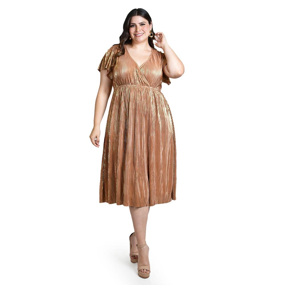Foto 2 pulgar | Vestido Plisado Con Brillo Roman Fashion /tallas Extras, 5412 (cobre) Cafe