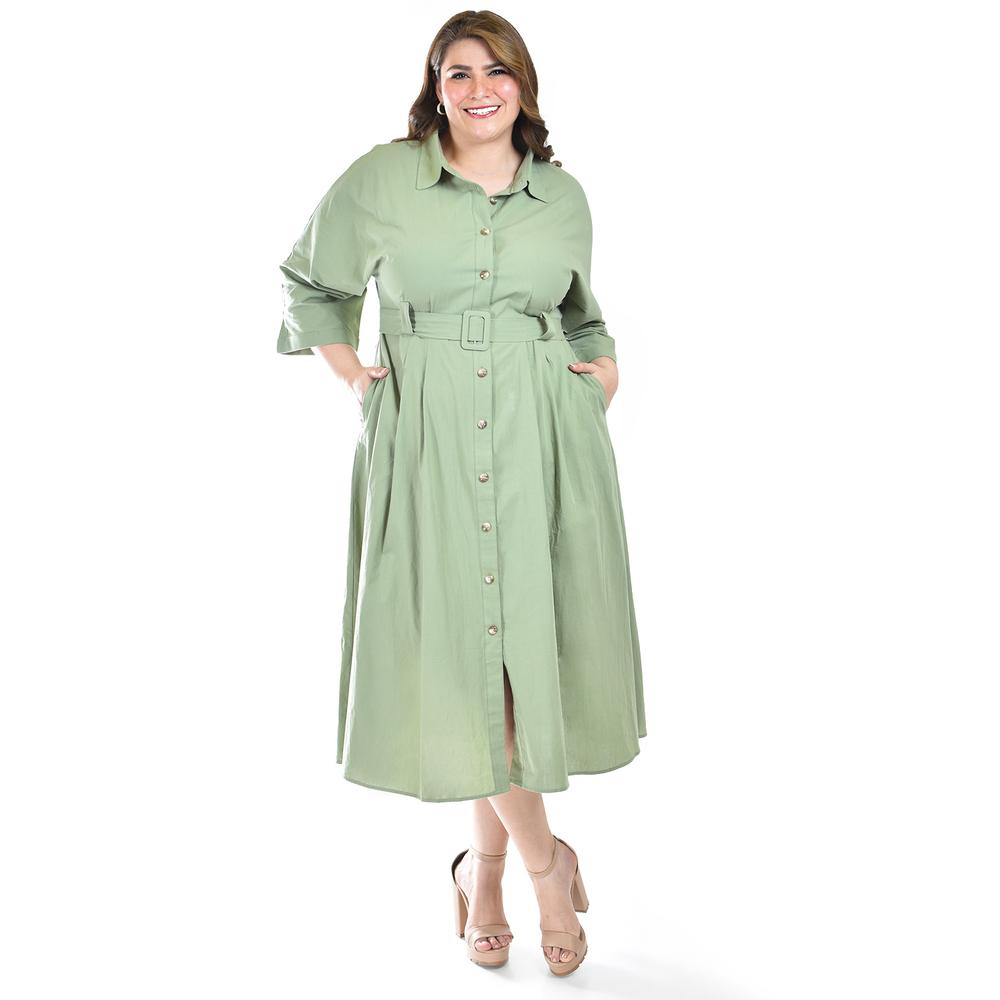 Foto 2 pulgar | Vestido Camisero Con Cinto Roman Fashion /tallas Extras, 3827-p (verde Militar) Verde Lima