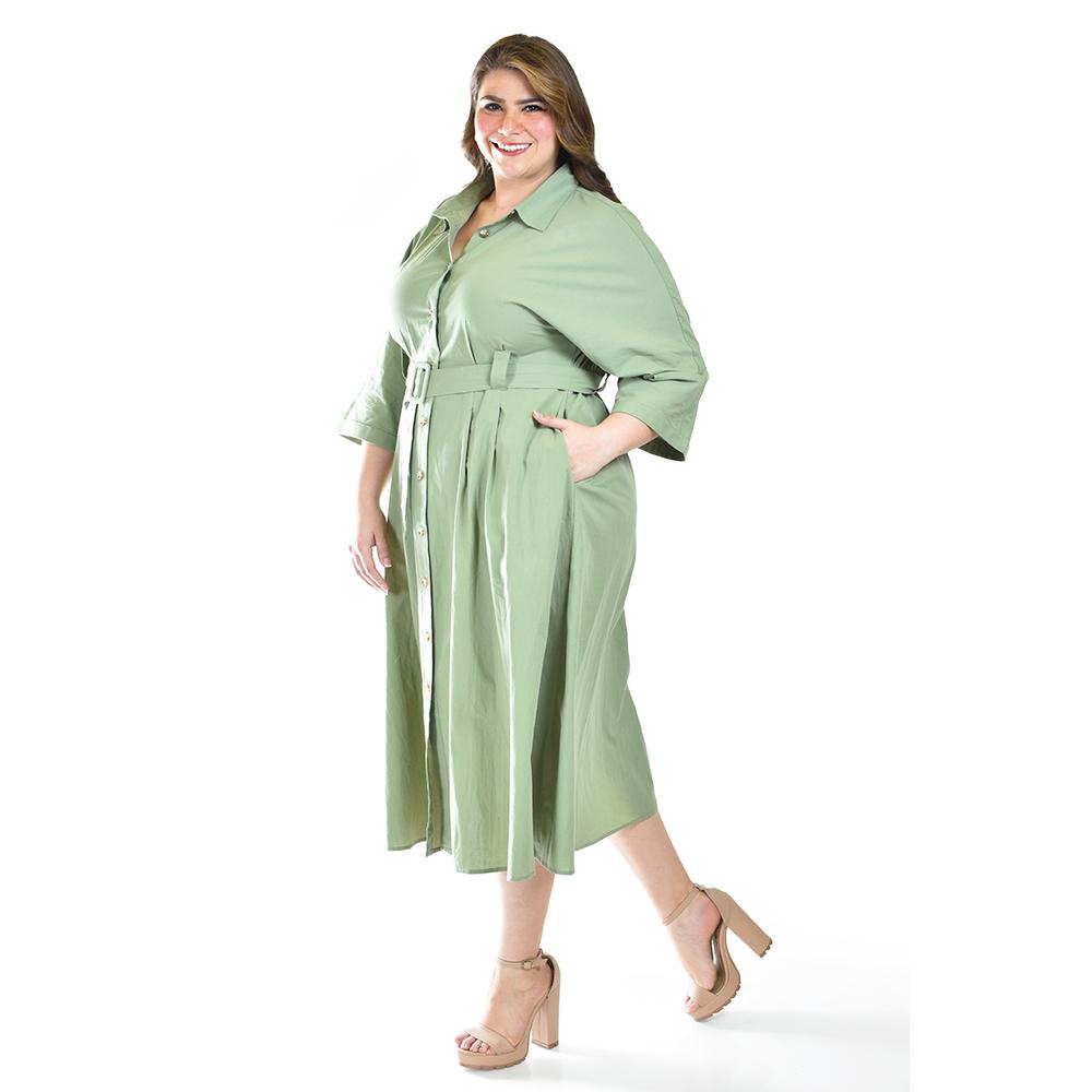 Foto 3 pulgar | Vestido Camisero Con Cinto Roman Fashion /tallas Extras, 3827-p (verde Militar) Verde Lima