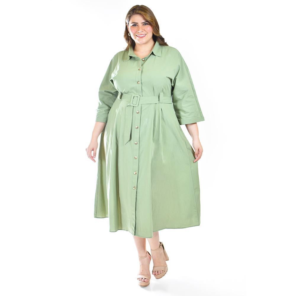 Foto 6 pulgar | Vestido Camisero Con Cinto Roman Fashion /tallas Extras, 3827-p (verde Militar) Verde Lima