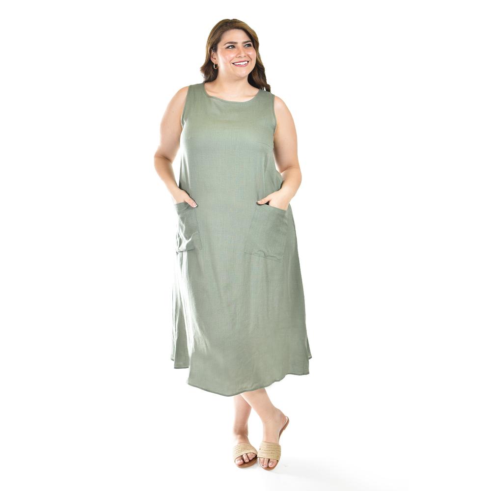 Foto 2 pulgar | Vestido De Lino Con Bolsillos Roman Fashion /tallas Extras, 3830 (verde Militar) Verde Oscuro