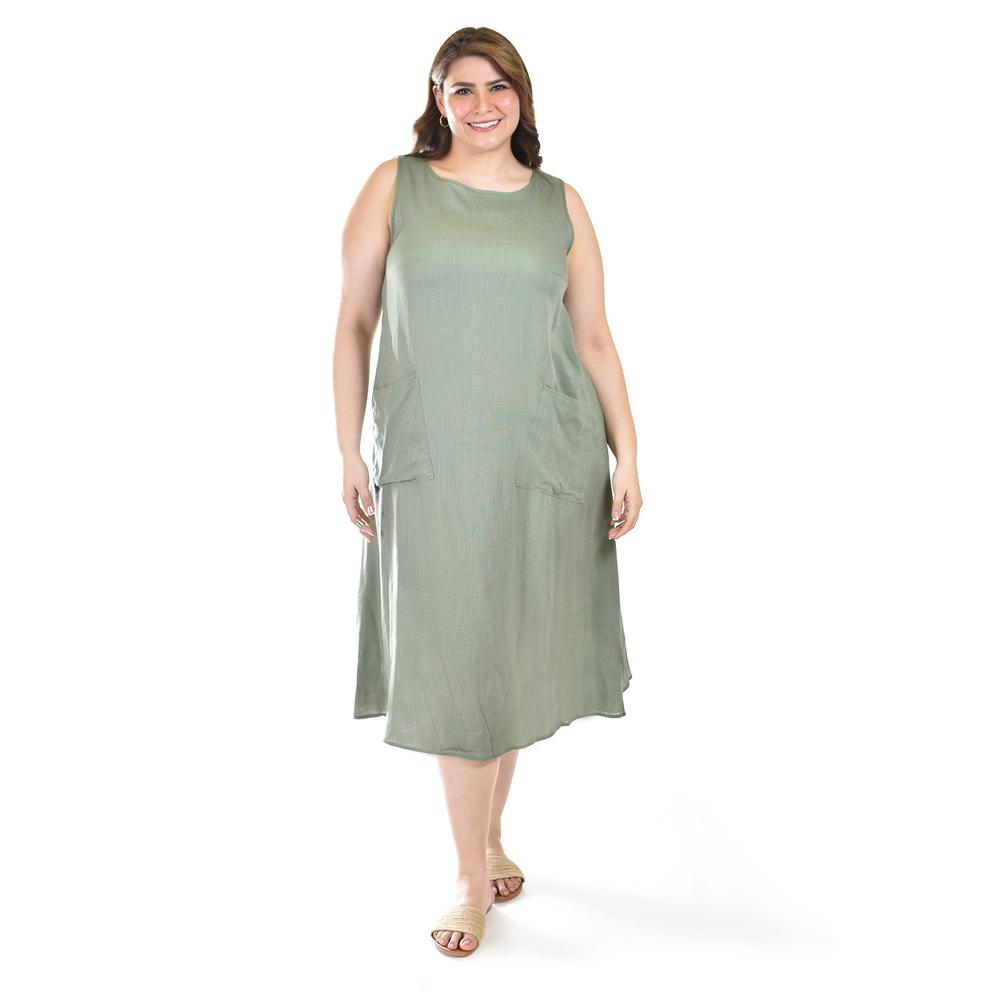 Foto 5 pulgar | Vestido De Lino Con Bolsillos Roman Fashion /tallas Extras, 3830 (verde Militar) Verde Oscuro