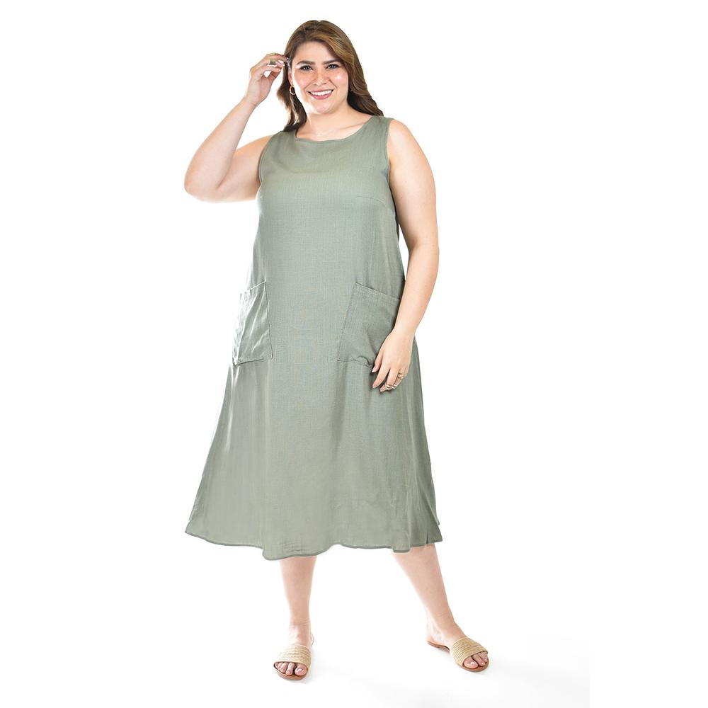 Foto 6 pulgar | Vestido De Lino Con Bolsillos Roman Fashion /tallas Extras, 3830 (verde Militar) Verde Oscuro