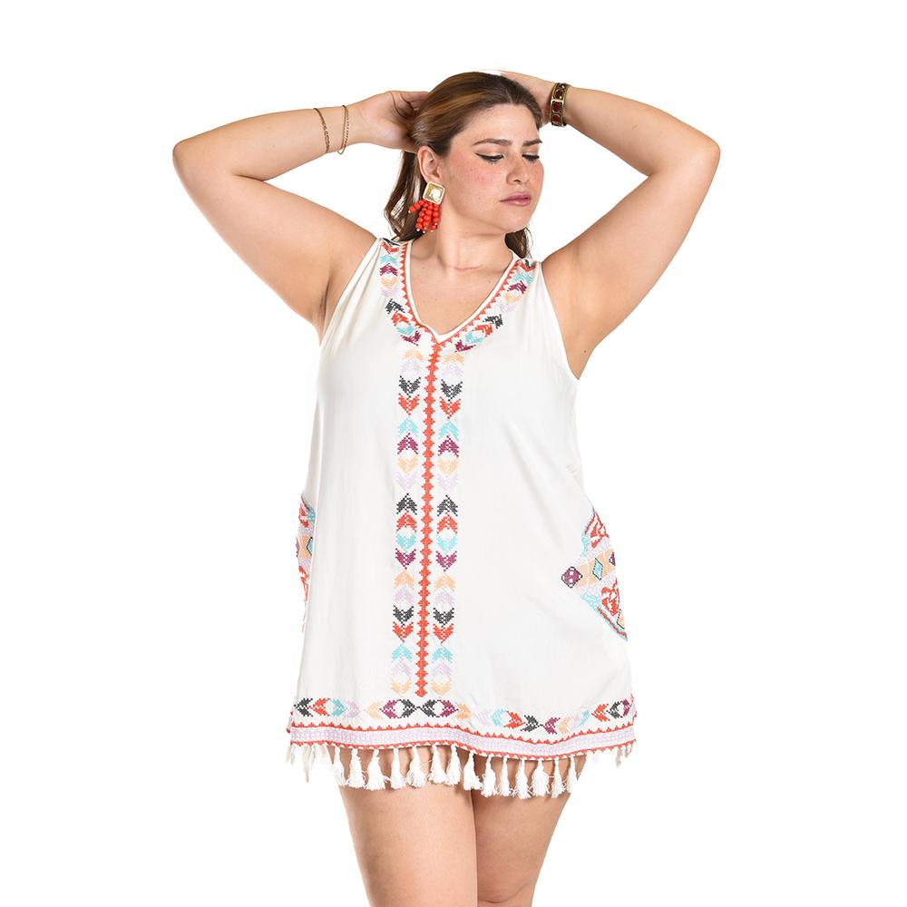 Foto 7 pulgar | Vestido Bordado Con Flecos Roman Fashion /tallas Extras, 6279 (blanco / Multicolor) Blanco