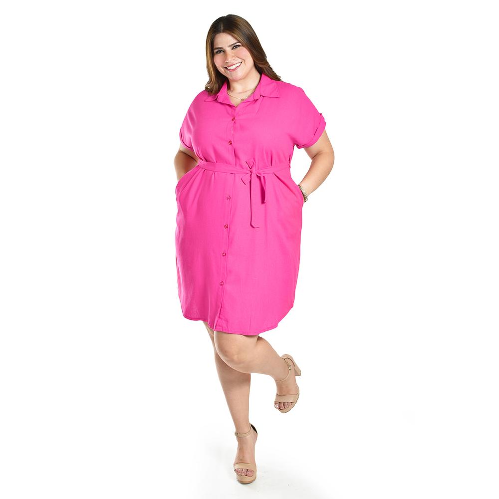 Foto 2 pulgar | Vestido Camisero De Lino Roman Fashion /tallas Extras, 2336 (fiusha) Fucsia