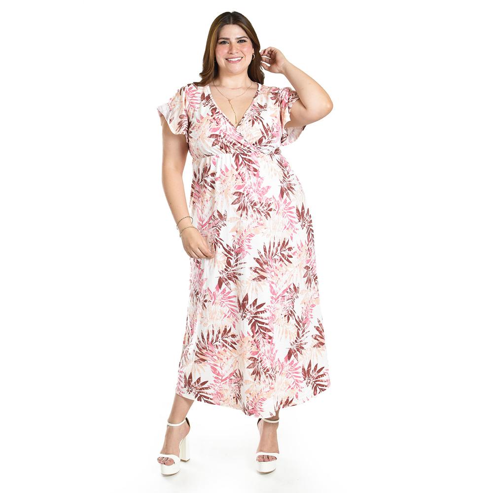 Foto 1 | Vestido Largo Estampado Hojas Roman Fashion /tallas Extras, 42548 (rosa Flor) Rosa