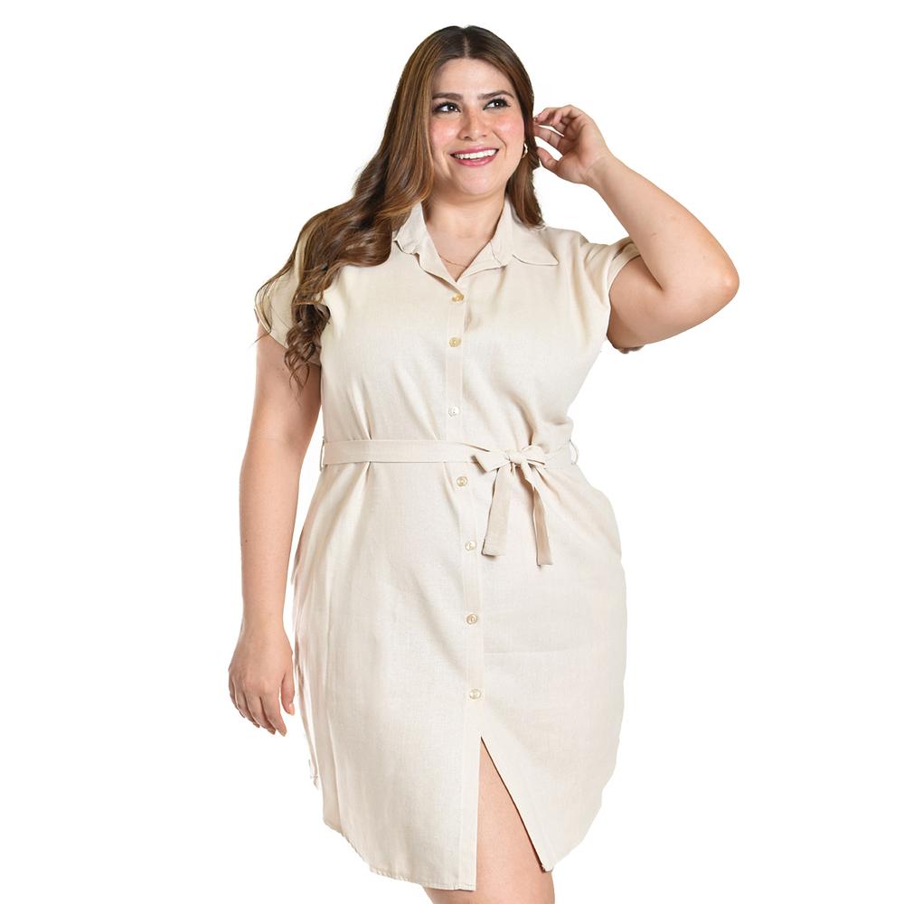 Foto 5 pulgar | Vestido Camisero De Lino Roman Fashion /tallas Extras, 2336 (arena) Beige