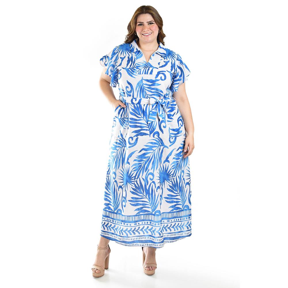 Vestido Largo Estampado Hojas Roman Fashion /tallas Extras, 4338 (azul Rey Hojas) Azul