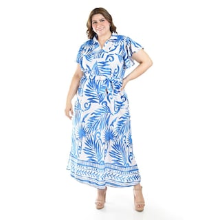 Foto 4 | Vestido Largo Estampado Hojas Roman Fashion /tallas Extras, 4338 (azul Rey Hojas) Azul