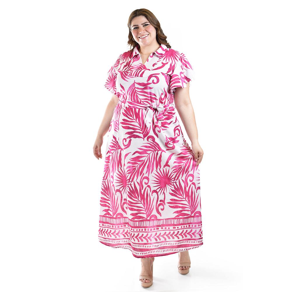 Vestido Largo Estampado Hojas Roman Fashion /tallas Extras, 4338 (fiusha Hojas) Fucsia