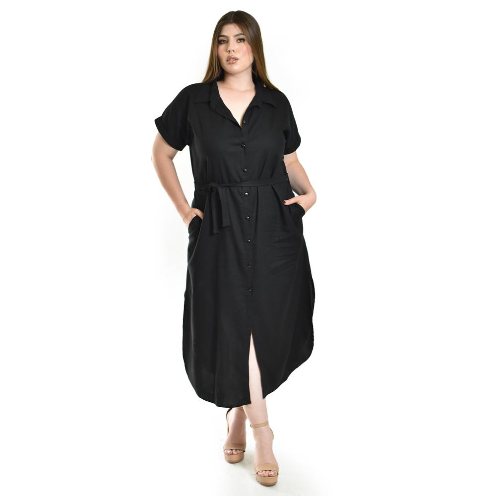 Foto 2 pulgar | Vestido Camisero De Lino Roman Fashion /tallas Extras, 2107 (negro) Negro