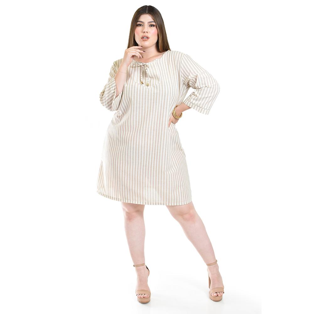 Foto 2 pulgar | Vestido De Lino A Rayas Roman Fashion /tallas Extras, 4085 (líneas Beige) Beige