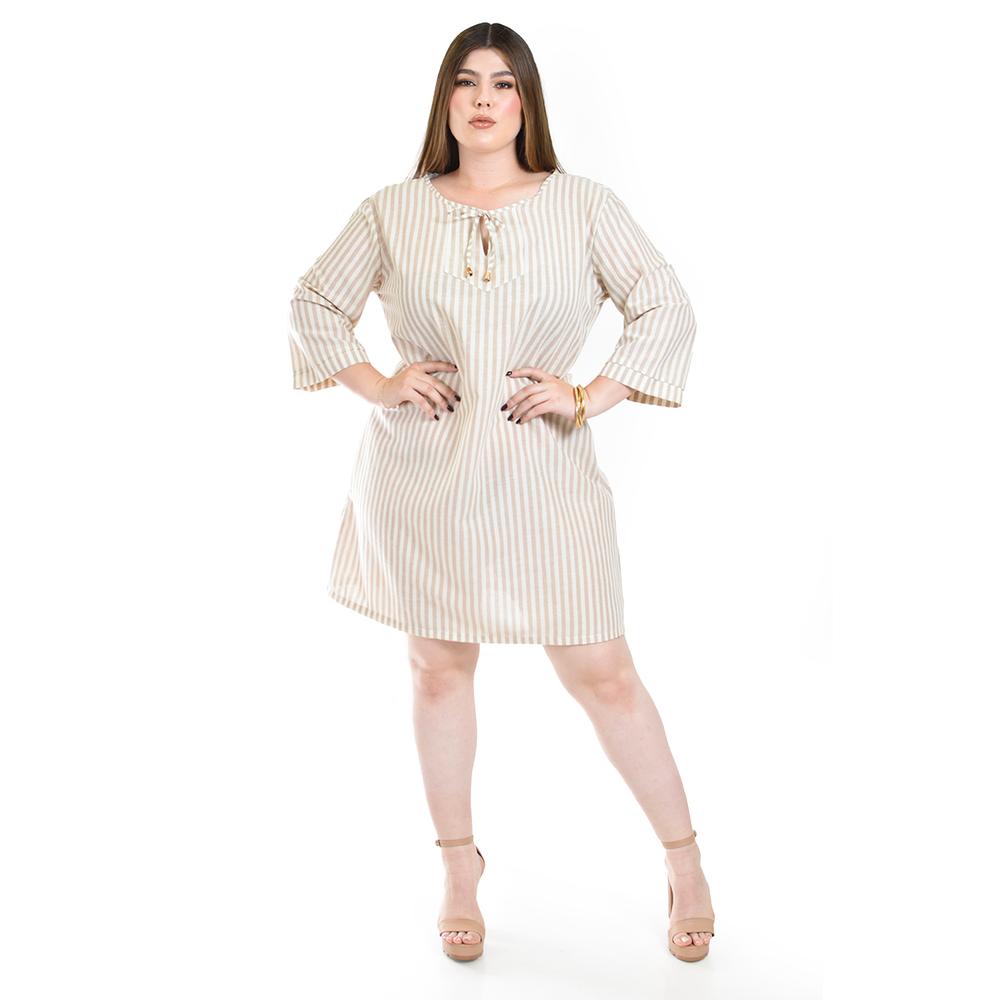 Foto 6 pulgar | Vestido De Lino A Rayas Roman Fashion /tallas Extras, 4085 (líneas Beige) Beige