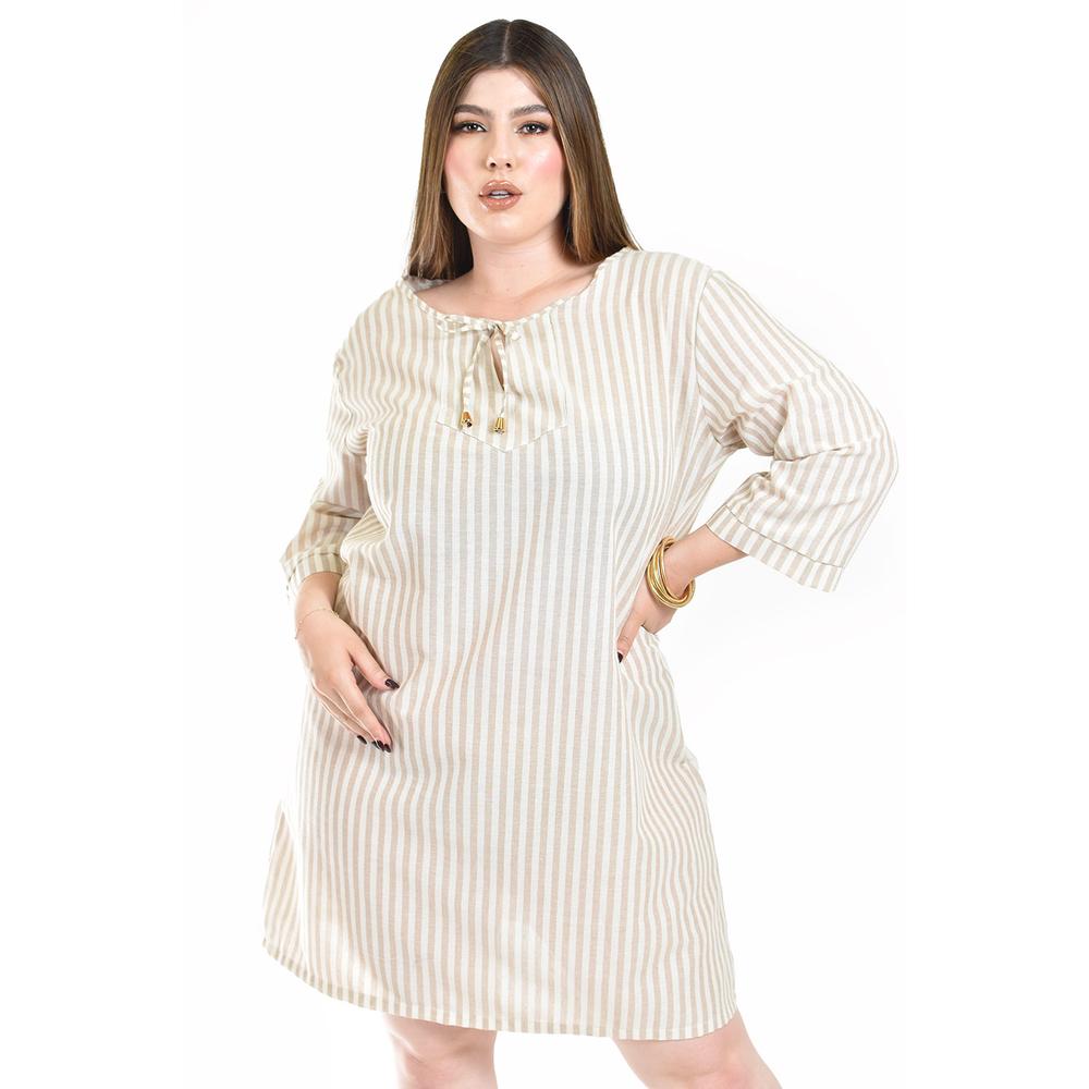 Foto 6 | Vestido De Lino A Rayas Roman Fashion /tallas Extras, 4085 (líneas Beige) Beige