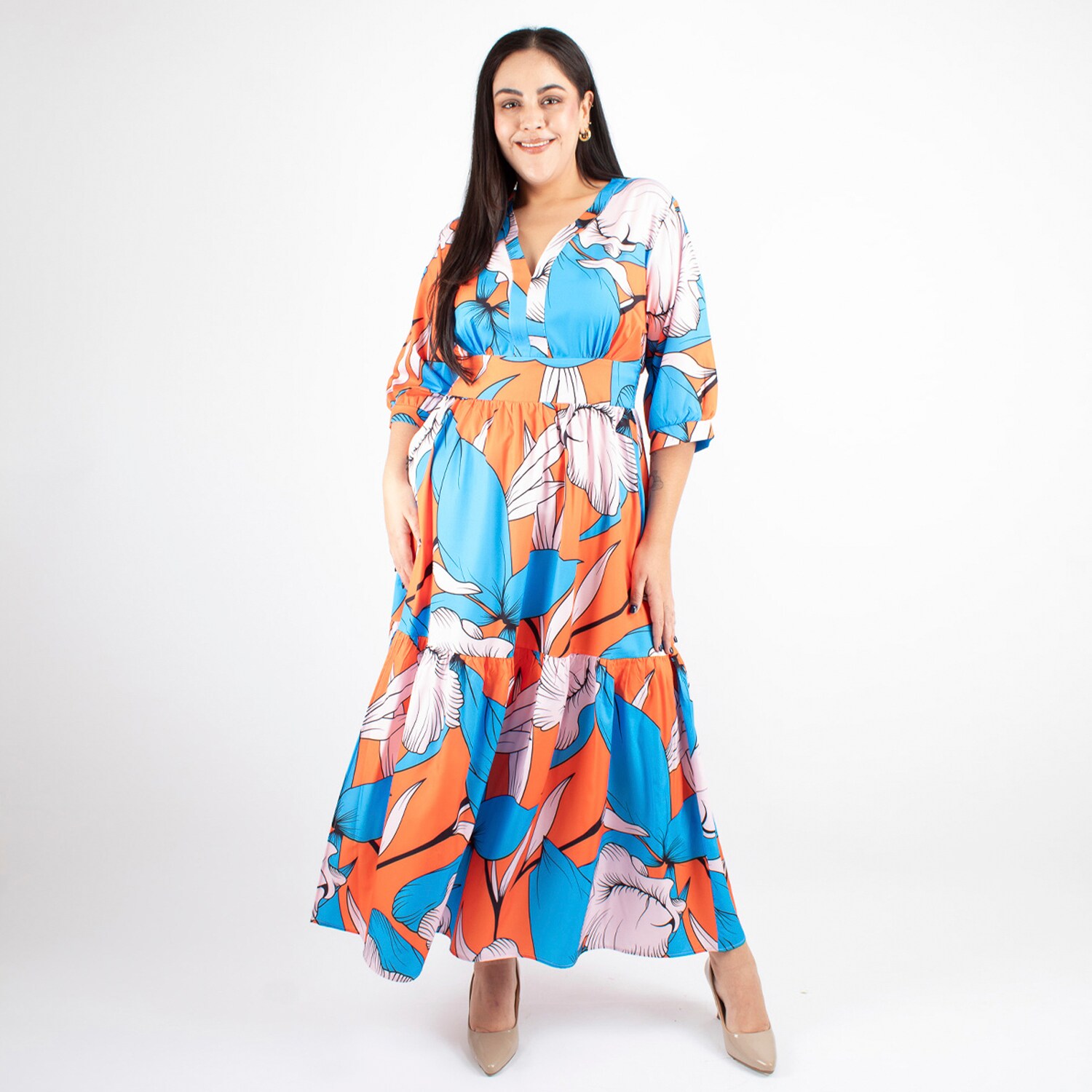 Maxi Vestido Print Naranja Con Azul Amad $974