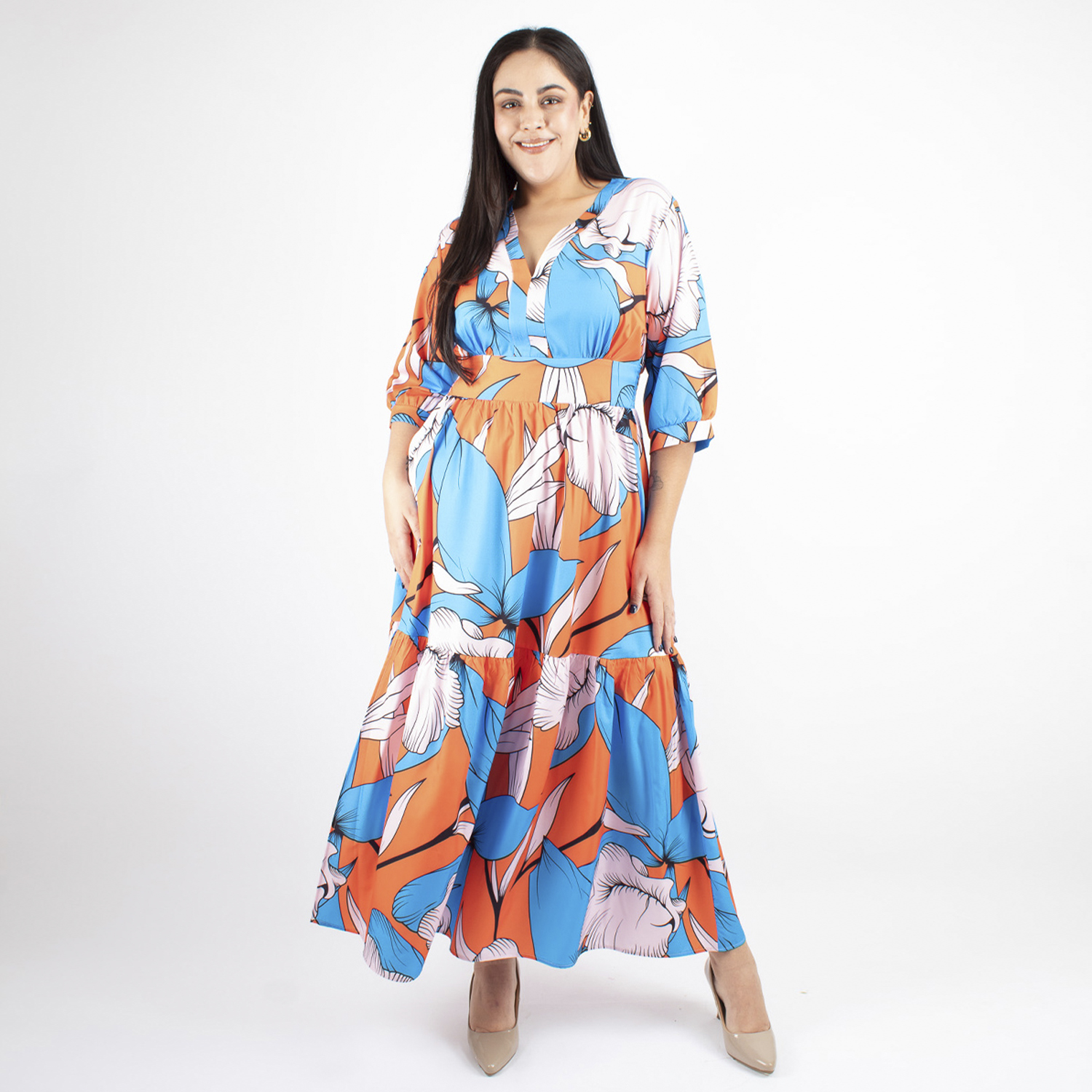 Foto 2 pulgar | Maxi Vestido Print Naranja Con Azul Amad