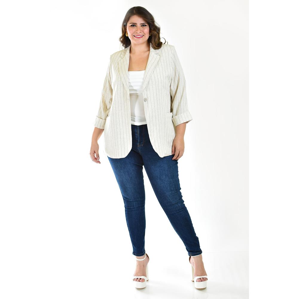 Foto 6 pulgar | Blazer Lino Con Líneas Roman Fashion /tallas Extras 2401 Beige