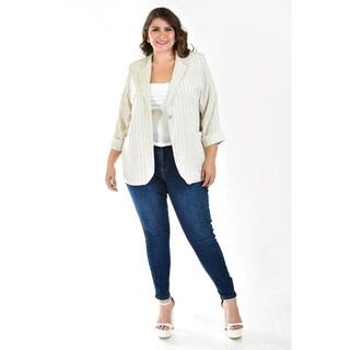 Foto 5 | Blazer Lino Con Líneas Roman Fashion /tallas Extras 2401 Beige