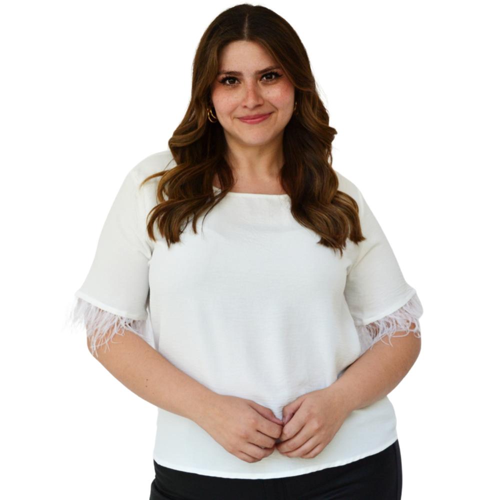 Foto 2 pulgar | Blusa con Plumas Roman Fashion 3870 color Hueso