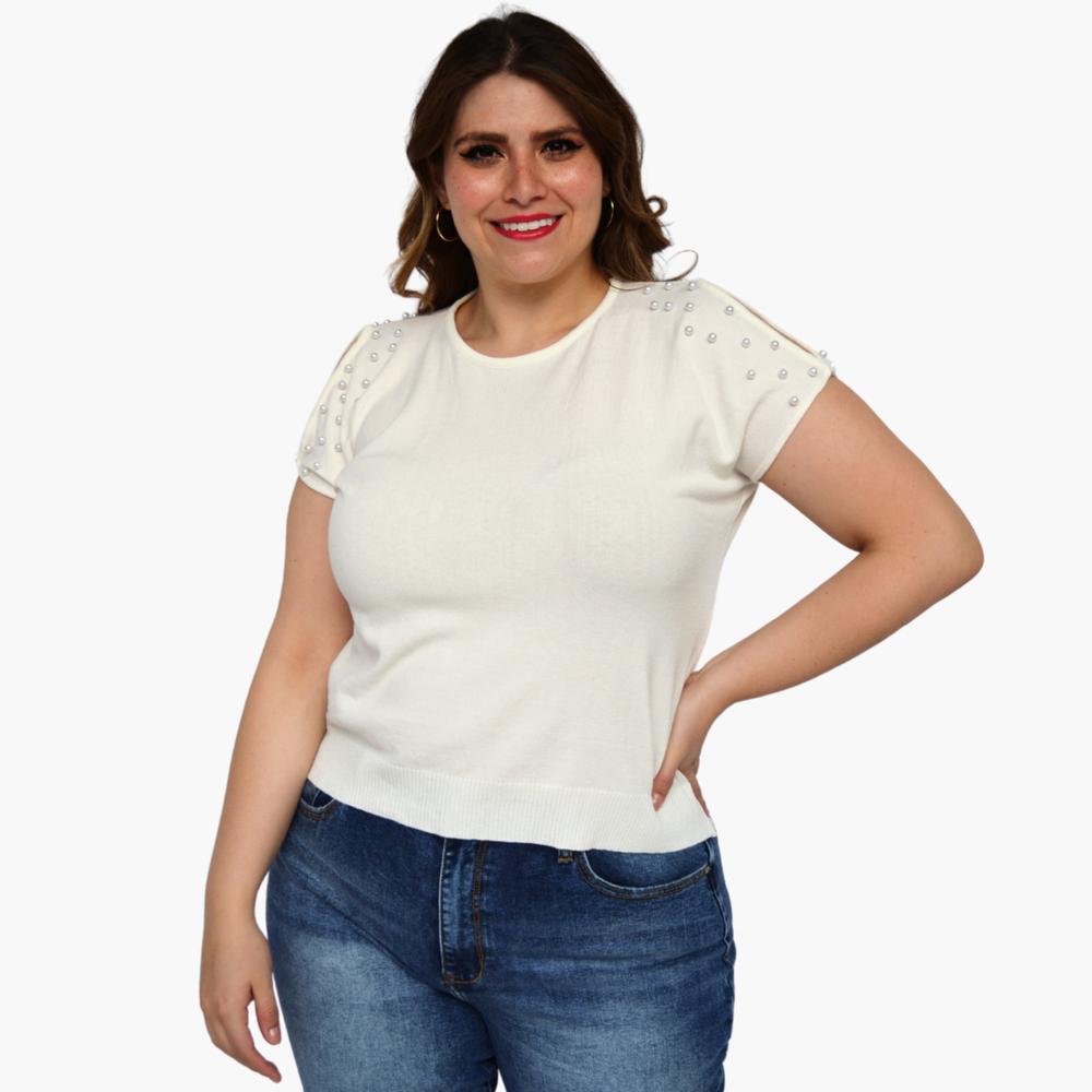Blusa Tejida ROMAN FASHION 2022 color Blanco con Perlas Talla Extra