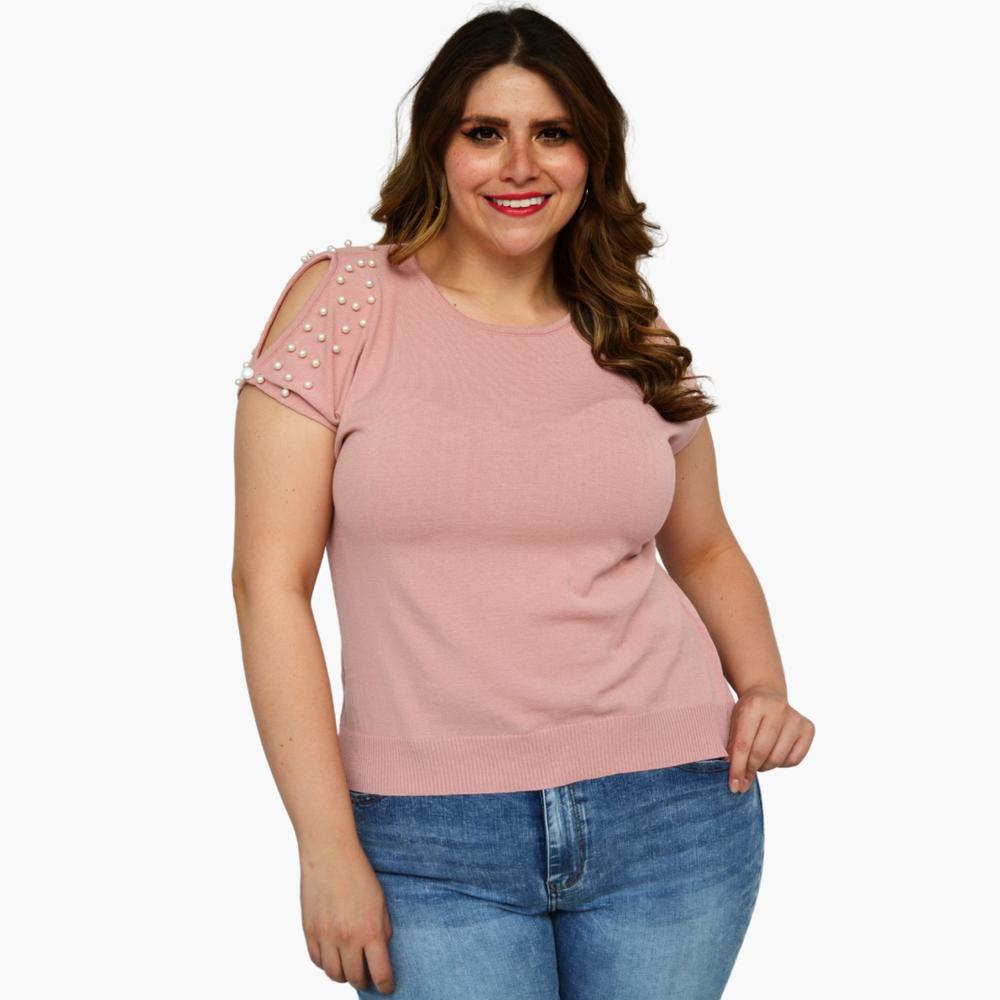 Foto 1 | Blusa ROMAN FASHION 2022 color Rosa Tejida con Perlas Talla Extra