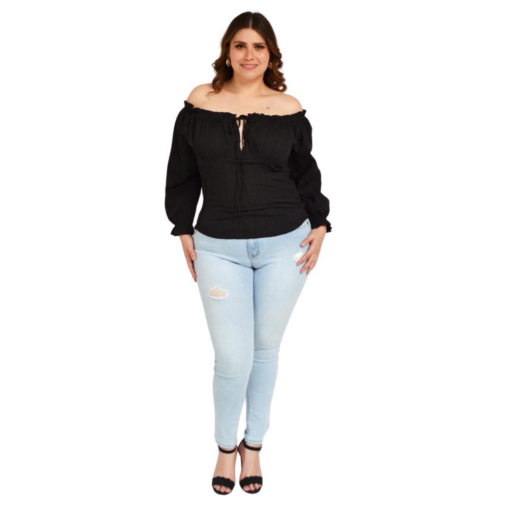 Foto 6 pulgar | Blusa Zenobia 11413 Escote Campesino Tallas Extras color Negro
