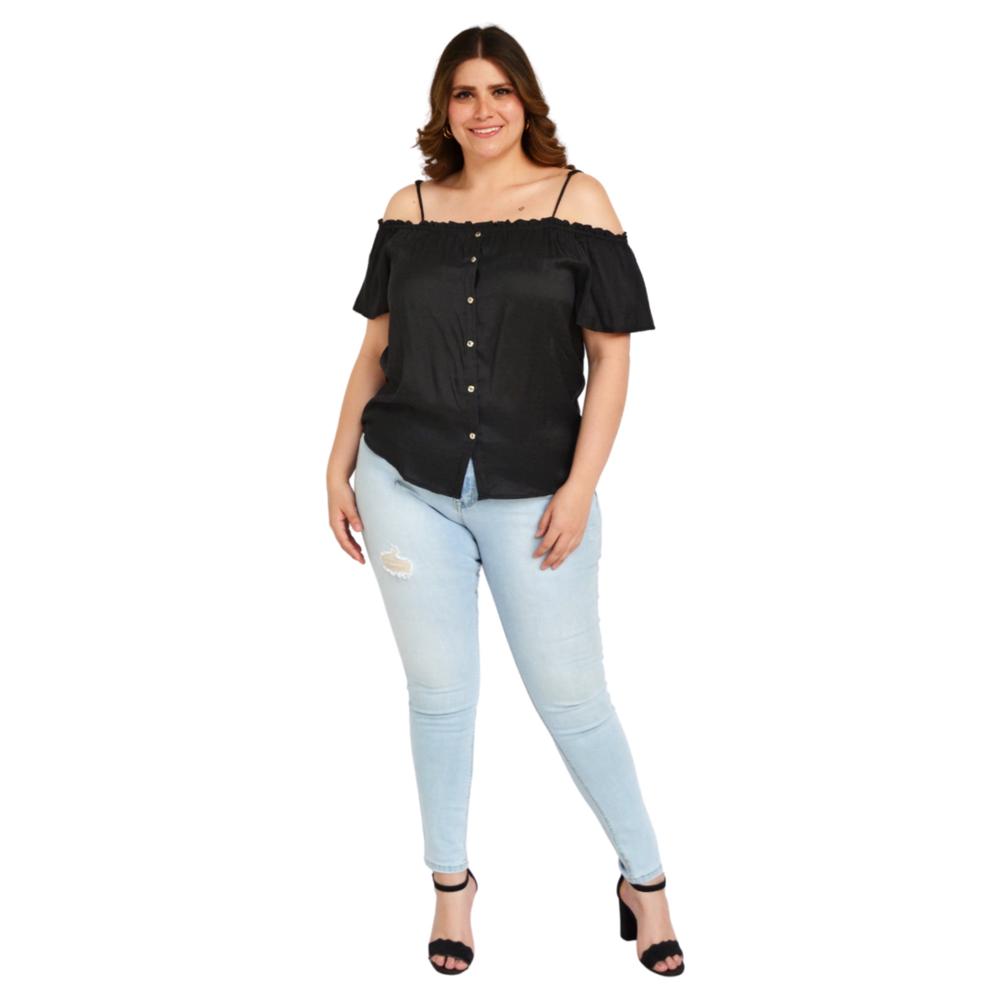 Foto 6 pulgar | Blusa Campesina Zenobia 11016 color Negro con Tirantes Tallas Extras