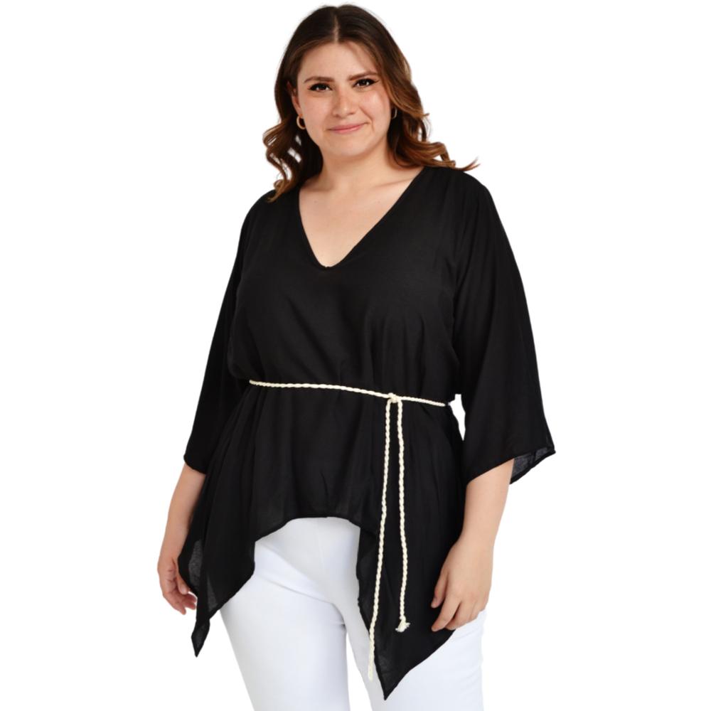 Blusa Asimétrica con Cinto Roman Fashion BL-GR-1831 color Negro Tallas Extras